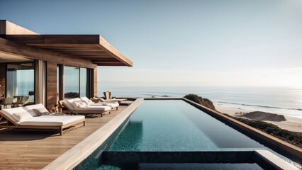 Fototapeta premium Luxurious beachfront residence featuring a private rooftop infinity pool with panoramic views of the Pacific Ocean in Malibu, California