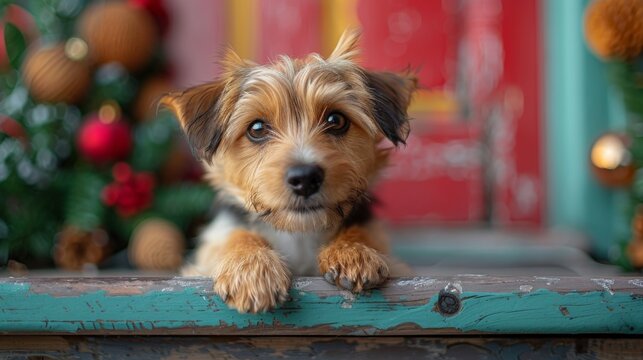 A small, scruffy terrier mix puppy, with a mix of excitement and patience, sitting by a brightly painted front door adorned with seasonal decorations, embodying the joyful spirit of waiting