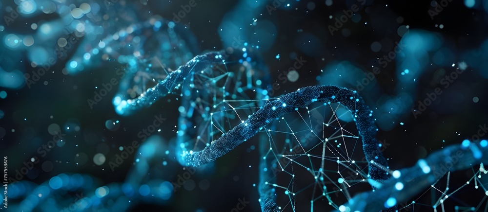 Poster colored genetic code dna molecule structure. 3d illustration of rotating dna glowing molecule on blu