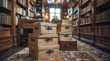 A stack of labeled boxes in a home library, with shelves waiting to be filled with books and memorabilia, reflecting the personal and thoughtful process of arranging a cherished collection