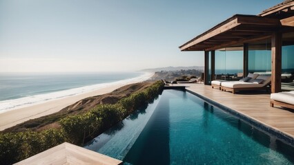 Obraz na płótnie Canvas Luxurious beachfront residence featuring a private rooftop infinity pool with panoramic views of the Pacific Ocean in Malibu, California