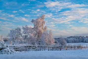 krajobraz wiejski zimą - obrazy, fototapety, plakaty
