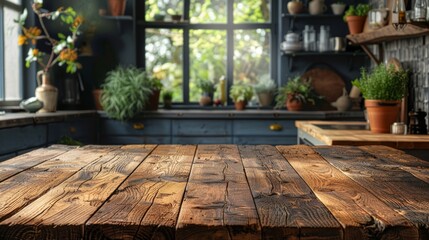 A sturdy, natural wood table top dominates the foreground, its surface scarred yet beautiful. In the blurred background, a kitchen scene hums with the promise of creativity and culinary exploration - obrazy, fototapety, plakaty