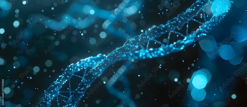 Poster 3d render of dna structure, abstract background. A glowing DNA helix structure amid a network.