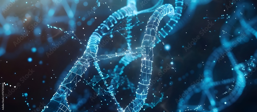 Poster biochemistry science concept with dna molecules on blue background. dna double helix with digital ne
