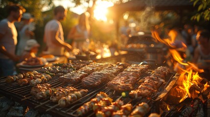 A summer barbecue party in a backyard, with a grill full of delicious food, people laughing and...