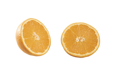 Two halves of an orange with reflection on a white mirror background