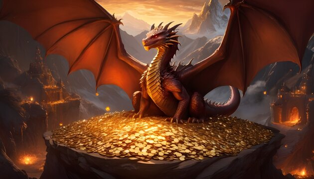 a mesmerizing image of Smaug perched atop his vast treasure hoard bathed in the golden glow of dragon s breath with gems and coins glinting in the firelight