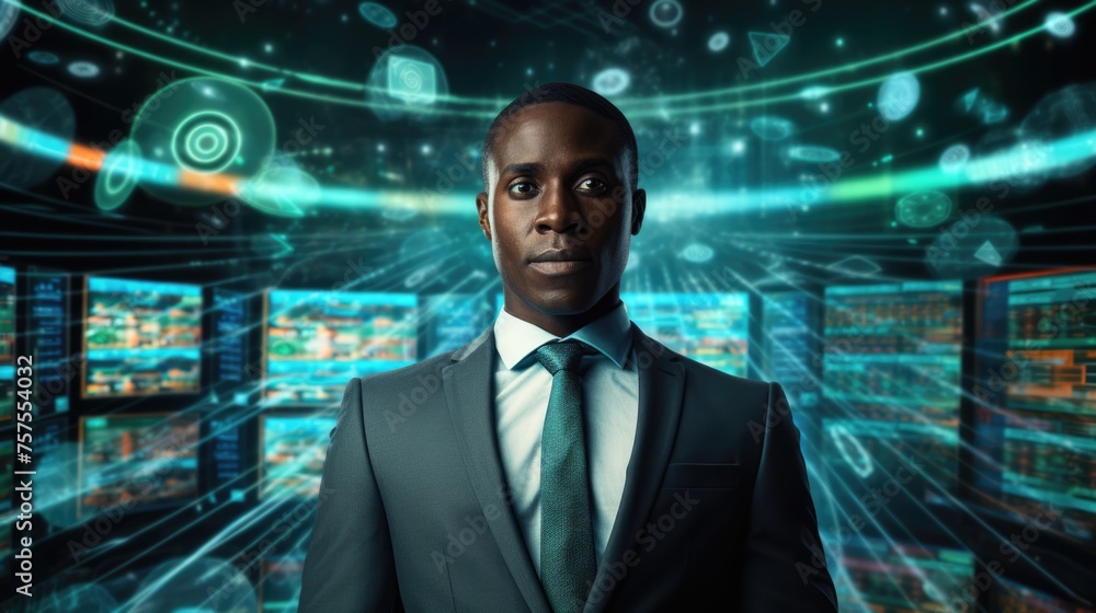 Poster tech analyst study cyber data chart from corporate system for statistical analytic defining marketin