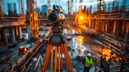 A surveyor's telescope sits atop a hill overlooking a sprawling construction site below. This strategic position allows for comprehensive surveying of the area, providing a bird's-eye - obrazy, fototapety, plakaty