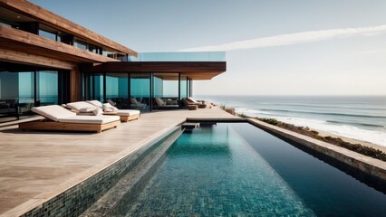 Fototapeta premium Luxurious beachfront residence featuring a private rooftop infinity pool with panoramic views of the Pacific Ocean in Malibu, California