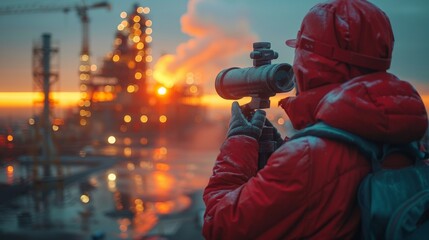 A surveyor's telescope stands ready at dawn, capturing the first light to hit a developing construction site. This moment of calm before the day's hustle emphasizes the telescope's role in shaping