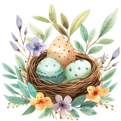 Happy Easter background with eggs in basket, spring flowers and copy space. Greeting card - 757554076