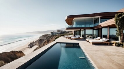 Fototapeta premium Luxurious beachfront residence featuring a private rooftop infinity pool with panoramic views of the Pacific Ocean in Malibu, California