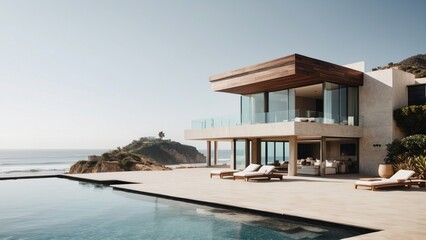 Fototapeta premium Luxurious beachfront residence featuring a private rooftop infinity pool with panoramic views of the Pacific Ocean in Malibu, California