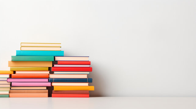 Colourful stack of books against minimalistic solid white background. Love for  literature and reading concept. Banner for World Book Day event with copy space.  