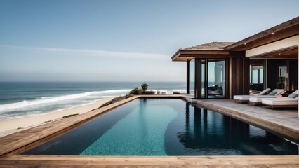Luxurious beachfront residence featuring a private rooftop infinity pool with panoramic views of the Pacific Ocean in Malibu, California