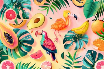Obraz premium A vibrant scene featuring a bunch of colorful fruit surrounding a whimsical bird on a pink background.