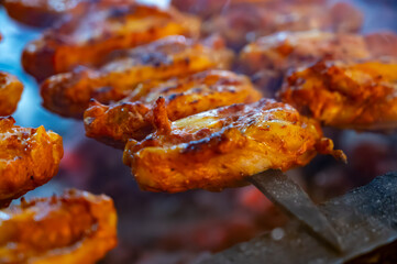Turkish mixed grill meat, chicken wings, lamb, beef shashlik, kebab cooking on charcoal grill in restaurant