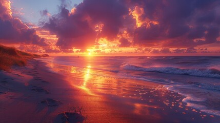 A tranquil beach at sunset, where the sky is ablaze with colors of orange, pink, and purple. The sound of waves gently crashing on the shore provides a soothing backdrop for a solitary figure walking - obrazy, fototapety, plakaty