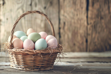 Colorful Easter eggs in basket on wooden desk. Seasonal background for holiday card, vintage style - 757554488