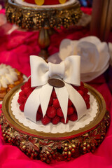 Italian sweet dessert pastry dolce and cakes with cream and fruits on display in artisanal bakery in Milan, Italy
