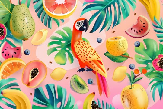 A colorful tropical print featuring a variety of vibrant fruits and a playful parrot amidst lush foliage.