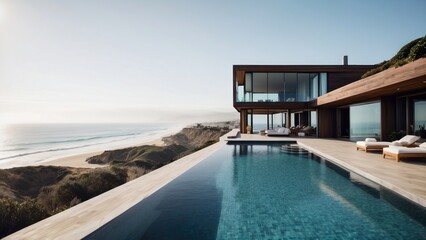 Fototapeta premium Luxurious beachfront residence featuring a private rooftop infinity pool with panoramic views of the Pacific Ocean in Malibu, California