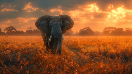 Majestic Sunset with African Elephant - obrazy, fototapety, plakaty