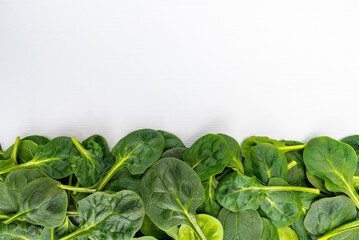 Fresh green baby Spinach leaves, diet and health concept, weight loss, spinach background top view copy space