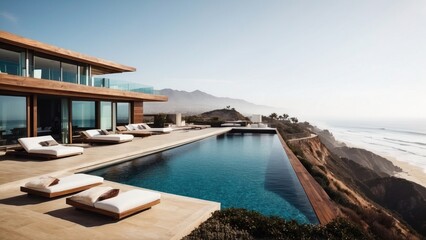 Fototapeta premium Luxurious beachfront residence featuring a private rooftop infinity pool with panoramic views of the Pacific Ocean in Malibu, California