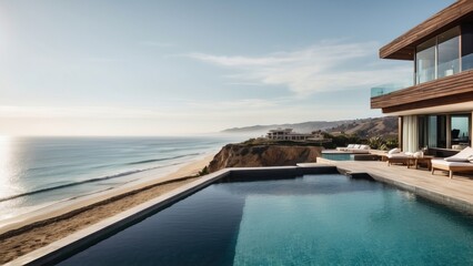 Obraz premium Luxurious beachfront residence featuring a private rooftop infinity pool with panoramic views of the Pacific Ocean in Malibu, California