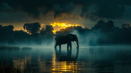 Tranquil Dawn with Elephant by the Water - obrazy, fototapety, plakaty