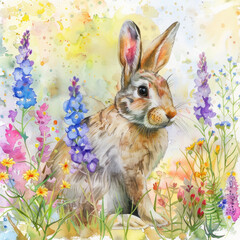 Watercolor colorful illustration of cute Easter bunny, seasonal greeting card - 757554880