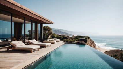 Fototapeta premium Luxurious beachfront residence featuring a private rooftop infinity pool with panoramic views of the Pacific Ocean in Malibu, California