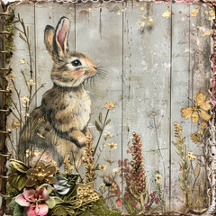 Vintage illustration of cute Easter bunny in French style, seasonal greeting card - 757555033