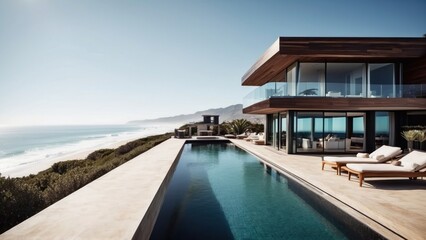 Fototapeta premium Luxurious beachfront residence featuring a private rooftop infinity pool with panoramic views of the Pacific Ocean in Malibu, California