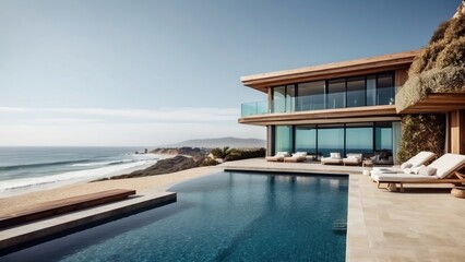 Fototapeta premium Luxurious beachfront residence featuring a private rooftop infinity pool with panoramic views of the Pacific Ocean in Malibu, California