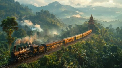 A vintage train journey through a lush, misty mountain landscape. Passengers gaze out of windows at the passing scenery, a tapestry of green hills, towering trees, and distant waterfalls.