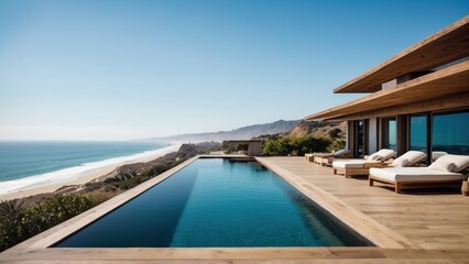 Fototapeta premium Luxurious beachfront residence featuring a private rooftop infinity pool with panoramic views of the Pacific Ocean in Malibu, California