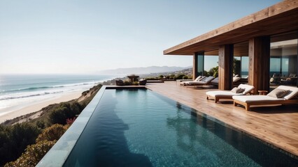 Fototapeta premium Luxurious beachfront residence featuring a private rooftop infinity pool with panoramic views of the Pacific Ocean in Malibu, California
