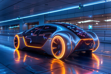 A self-driving car with a futuristic design created from an abstract concept, it moves using data received from GPS from satellites. car concept.