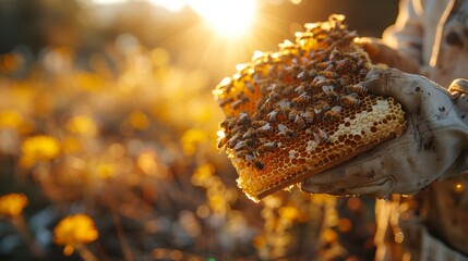 A warm, golden hour scene of a beekeeper holding a frame covered in bees and honeycomb out of the hive. The background is a soft focus of the beekeeping farm, conveying a sense of peace and hard work