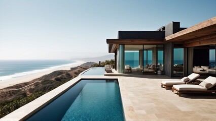 Fototapeta premium Luxurious beachfront residence featuring a private rooftop infinity pool with panoramic views of the Pacific Ocean in Malibu, California