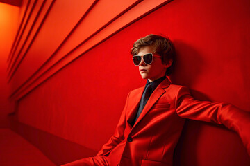 Fototapeta premium Against a radiant red wall, the kid model showcases his impeccable style and grace, with futuristic objects adding a hint of intrigue to the scene.