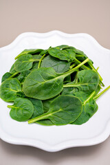 Fresh green baby Spinach leaves, diet and health concept, weight loss, spinach on ceramic plate, copy space
