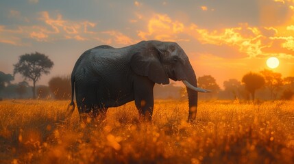 Majestic Sunset with African Elephant - obrazy, fototapety, plakaty