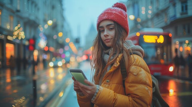 A woman navigating a city street at dusk, her smartphone with a blank green screen in hand, using it as a guide, with the city lights beginning to sparkle and the evening rush around her - Powered by Adobe