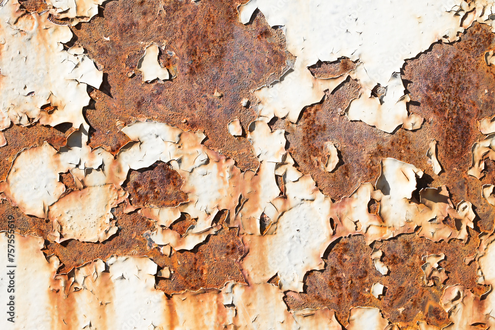 Wall mural rusty metal texture. corrosion background. white peeling paint. grunge rust on metal. cracked paint 