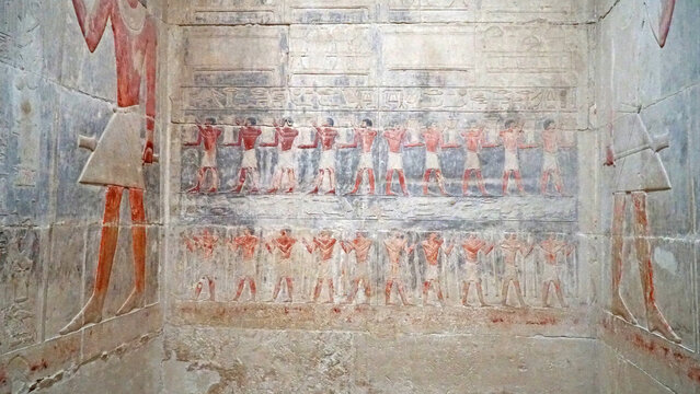 Colourful Reliefs Inside the Tomb of Kagemni, Memphis Saqqara. Cairo, Egypt - February 1, 2024.
